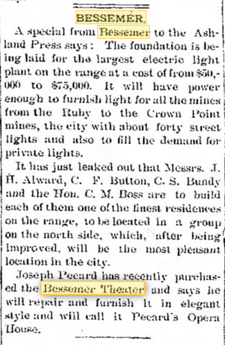 Bessemer Theater - June 28 1890 Article